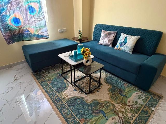 Living room with teal sofa and patterned rug